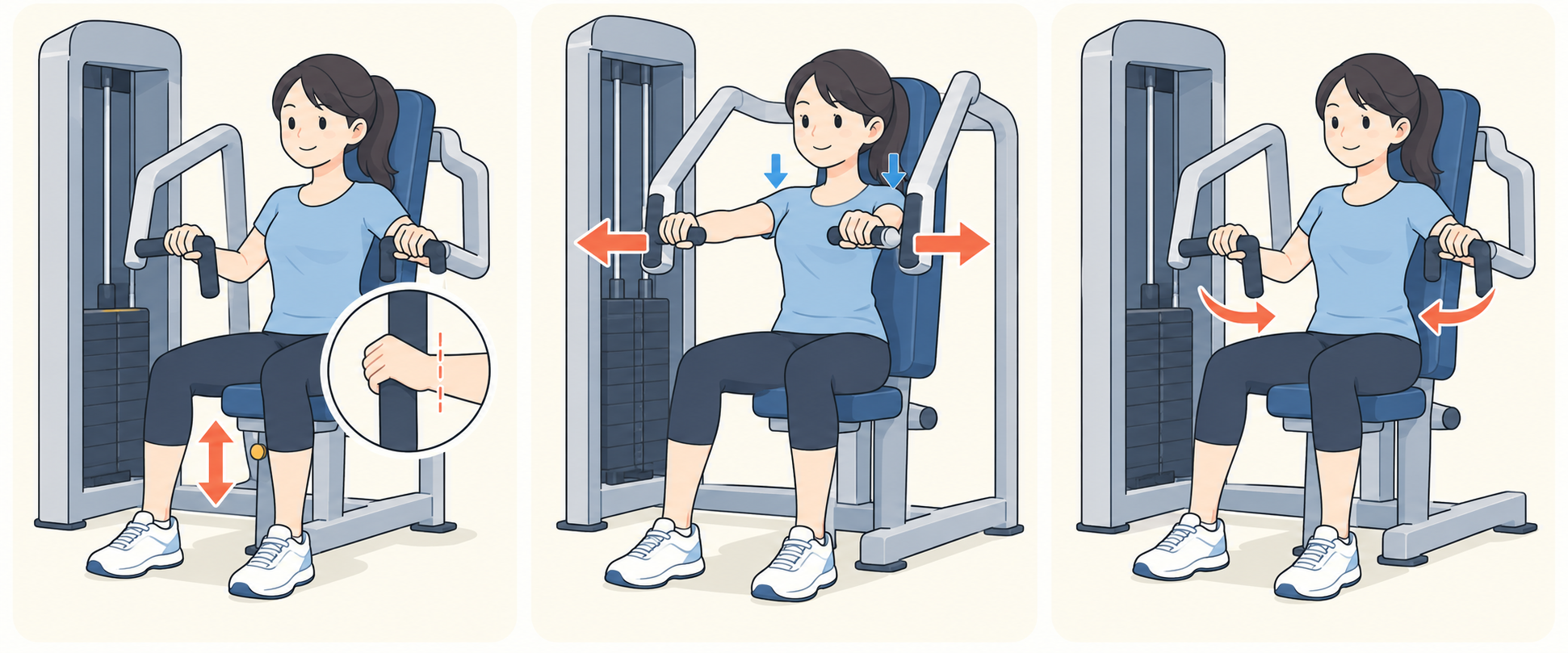 チェストプレスの姿勢・押し出し・戻しの3ステップ図解